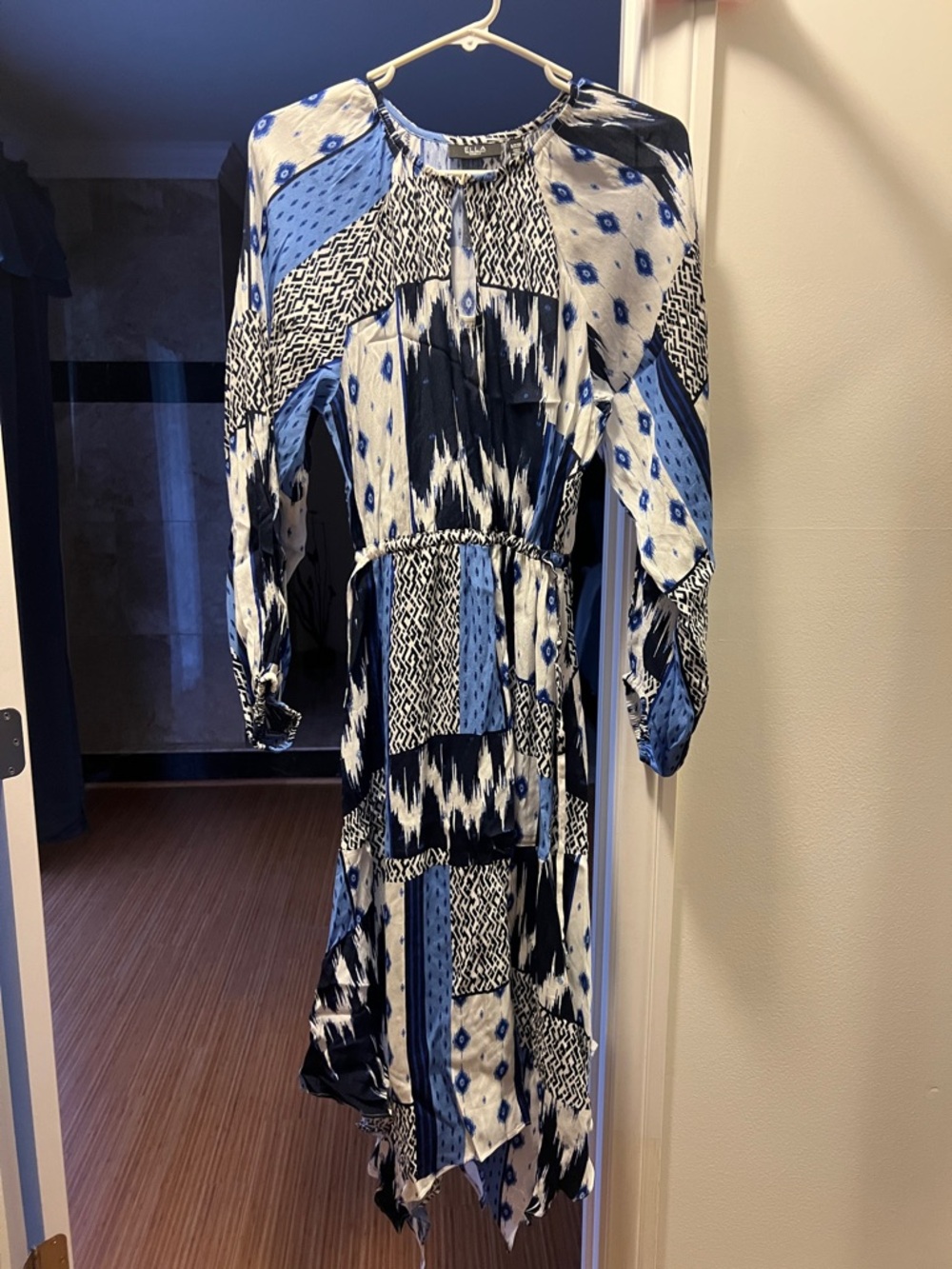 Ella Blue and White Patterned Midi Dress